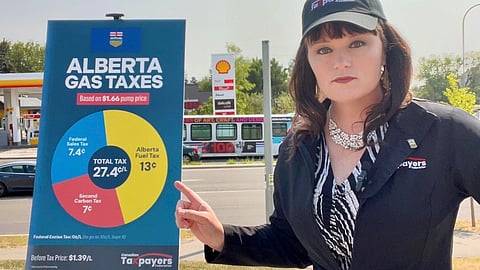 Canadian Taxpayers Foundation Alberta Director Kris Sims with a chart showing how much Albertans pay in tax each time they buy a litre of gas