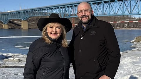 Campaigning for the BC Conservative leadership in April 2026, Kerry-Lynne Findlay meets with Peace River North MLA Jordan Kealy at the aging Taylor Bridge across the Peace River. Kealy sits as an independent, along with an increasing number of MLAs who have rejected Findlay’s leadership. 