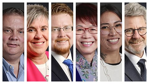 From left: Peter Milobar, Rosalyn Bird, Brennan Day, Teresa Wat, Á’a:líya Warbus and Bruce Banman, six of the seven Conservative MLAs who have left Kerry-Lynne Findlay’s caucus since August 14.