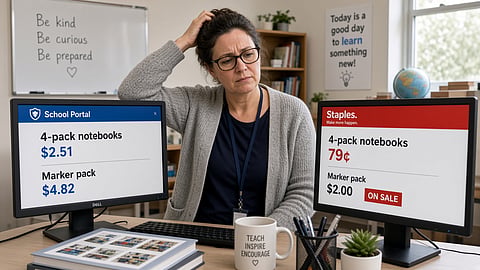 A four-pack of notebooks was listed at $2.51 on the portal versus 79 cents on the regular Staples site.
