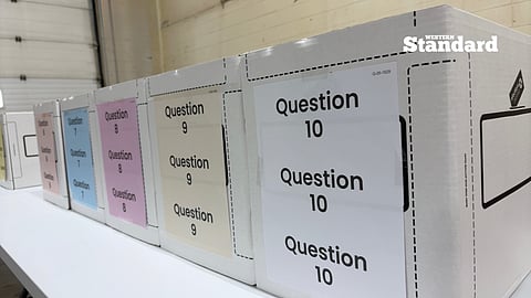 A model setup by Elections Alberta of what Alberta referendum voting stations will look like in October. 