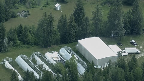 An aerial view of the property in Falkland, B.C., where RCMP investigators dismantled what police described as the largest and most sophisticated drug superlab in Canada in October 2024.