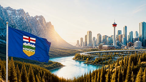 An AI photo of the Calgary skyline with the Alberta flag in the foreground and the sun rising over the mountains in an independent Alberta.  