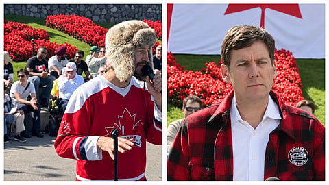 Alberta rapper OGR-Scintilla (left) opens for a BC Premier David Eby (right) news conference in Victoria on Tuesday.