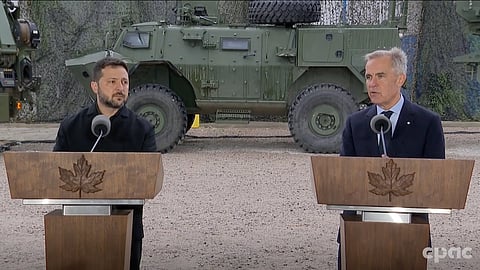Prime Minister Mark Carney and Ukrainian President Volodymyr Zelenskyy speak at a press conference in Calgary on Thursday September 10th 2026