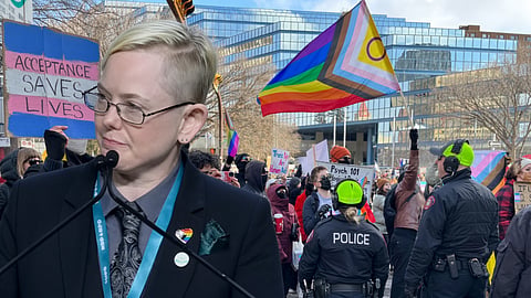 Western Standard photo illustration. Adrienne Smith, counsel for Child Q in Child Q v. Ajaero (No. 2), 2026 BCHRT 189, over a gender-identity demonstration. Smith still from the federal NDP leadership convention in Winnipeg, March 2026.