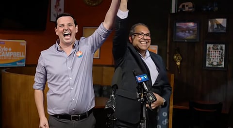 Calgary-Shaw MLA Kyle Campbell and Alberta NDP leader Naheed Nenshi celebrating Campbell's victory in the riding's byelection. 