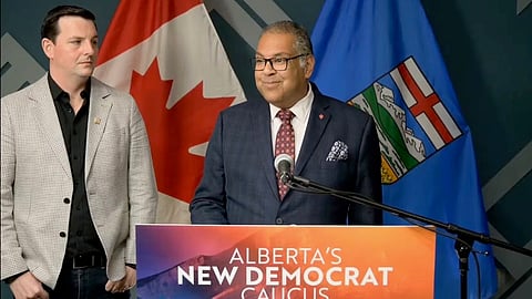 Alberta NDP leader Naheed Nenshi and Calgary-Shaw MLA Kyle Campbell speaking following Campbell's victory in the Calgary-Shaw byelection. 