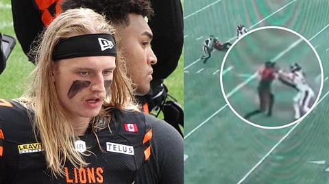 BC Lions defensive back Josh Hagerty seen punching Montreal Alouettes running back Liam Talbot multiple times in the groin