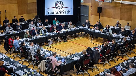 BC Premier David Eby and cabinet ministers participate in a meeting of the Alliance of BC Modern Treaty Nations, one of a series of elaborate annual consultation meetings with indigenous leaders, at Ucluelet, June 4, 2026.
