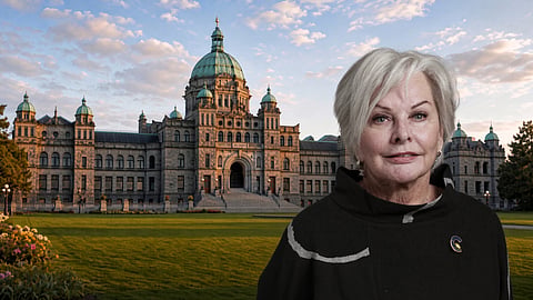 File portrait over BC Legislature plate.