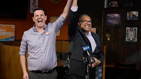 Calgary-Shaw MLA Kyle Campbell and Alberta NDP leader Naheed Nenshi celebrating Campbell's victory in the riding's byelection. 