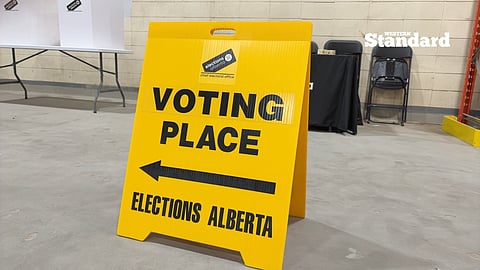 An Elections Alberta voting location sign at a mock demonstration of a referendum polling station. 
