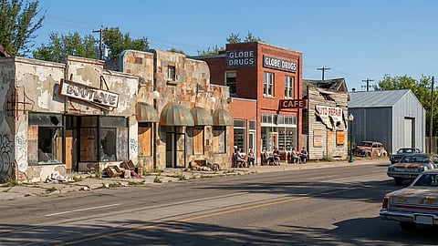 An AI generated photo of an abandoned building on a buisness road. 
