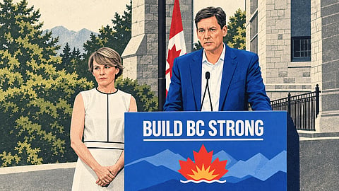 BC Premier David Eby and his wife, Cailey Lynch, speak to reporters outside Government House in Victoria on September 22 where he called an election for October 24, less than two years into his majority mandate. 