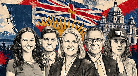 From left to right: BC Green Party leader Emily Lowan, BC NDP leader David Eby, CentreBC leader Elenore Sturko, Conservative Party of BC leader Lorne Doerkson, and OneBC leader Dallas Brodie.