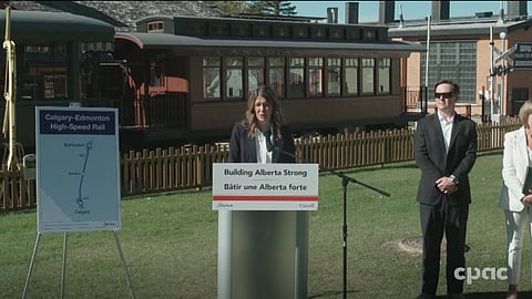 Alberta Premier Danielle Smith answers questions from reporters regarding the upcoming referendum on October 19