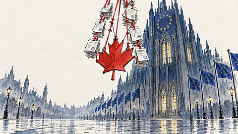 Maple Leaf Marionette In front of European Union