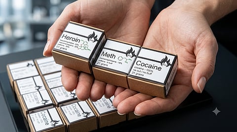 Pre-packaged 0.1-gram boxes of heroin, methamphetamine, and cocaine labeled for testing and harm reduction distributed by the Drug User Liberation Front, also known as DULF, in Vancouver.