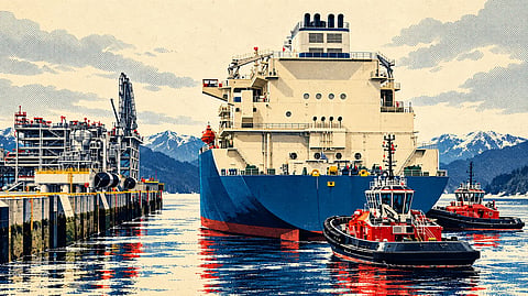 The first tanker prepares to load at LNG Canada’s new terminal at Kitimat, April 2025. The shipment marked the first time Canadian natural gas was exported to anywhere other than the United States. 