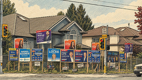 An artistic rendering of a Wednesday X post by Sabraj Singh Kahlon of an intersection in Surrey, British Columbia during the overlapping 2026 BC municipal and provincial elections.