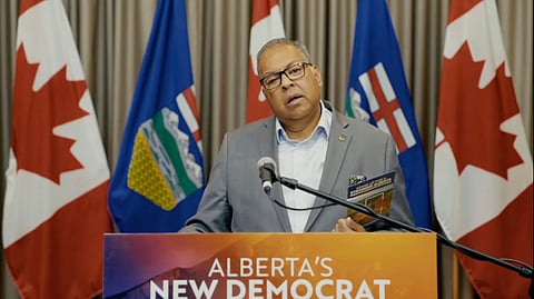 Alberta NDP leader Naheed Nenshi speaking to reporters about the upcoming Alberta referendum and the recent Pacific Link pipeline announcement. 