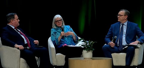 A screenshot of Jason Kenney, Marie Gordon, and Keith Wilson speaking to University of Alberta students about the Alberta referendum