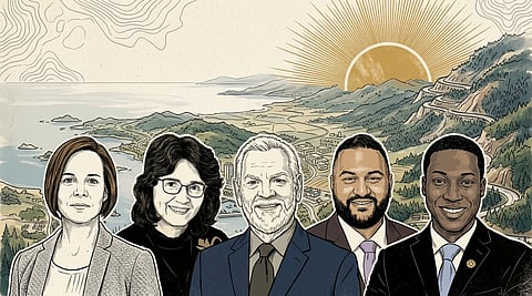 Island spine. Left to right: Stephanie Higginson, NDP, Ladysmith-Oceanside; Debra Toporowski, NDP, Cowichan Valley; Dana Lajeunesse, NDP, Juan de Fuca-Malahat; Ravi Parmar, NDP, Langford-Highlands; George Anderson, NDP, Nanaimo-Lantzville. The Malahat and the Strait of Juan de Fuca behind them. Western Standard photo illustration.
