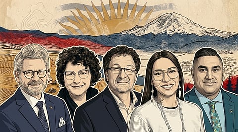 Abbotsford-area cluster. Left to right: Bruce Banman, Conservative, Abbotsford South; Pam Alexis, NDP, Abbotsford-Mission; Korky Neufeld, Conservative, Abbotsford West; Á’a:líya Warbus, Conservative, Chilliwack-Cultus Lake; Harman Bhangu, Conservative, Langley-Abbotsford. Mount Baker and the Fraser Valley behind them. Western Standard photo illustration.