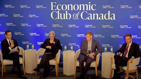 Thomas Lukaszuk, Martha Hall Findlay and Andrew Leach speaking on a panel hosted by former Ontario Premier Dalton McGuinty at an Economic Club of Canada event. 