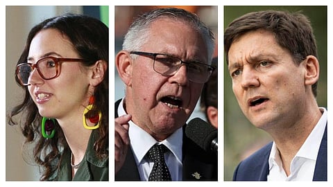 Green Leader Emily Lowan, interim Conservative Leader Lorne Doerkson and Premier David Eby, left to right, are the three leaders booked for the only televised debate of the BC campaign, set for Wednesday, October 14.