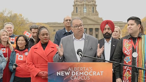 Naheed Nenshi speaking to reporters at the Alberta Legislature Building ahead of Alberta's Oct. 19 referendum. 