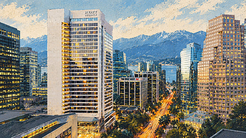 he Hyatt Regency hotel on Burrard Street in downtown Vancouver, depicted in a stylized editorial illustration.