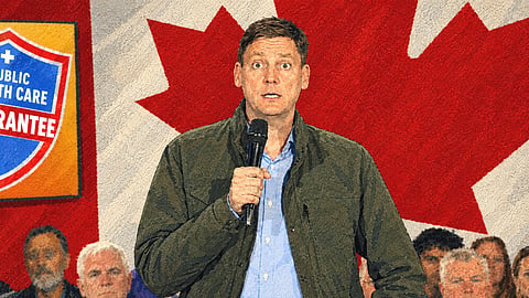 A stylized illustration recreating BC Premier David Eby’s real-life reaction to a question about his use of the $10-a-day child care program at a campaign event in Delta on Monday.