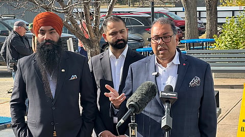 Alberta NDP leader Naheed Nenshi (right) in Calgary on October 13, 2026. 