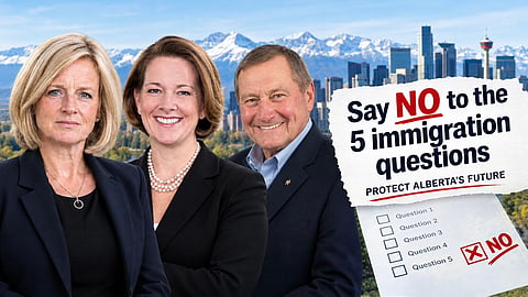 An AI-generated image of former Alberta premiers Rachel Notley, Alison Redford and Ed Stelmach advocating for Albertans to oppose the immigration questions on Alberta's upcoming referendum. 