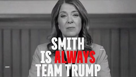 A screenshot from the Alberta NDP's video connecting Premier Danielle Smith to US President Donald Trump. 