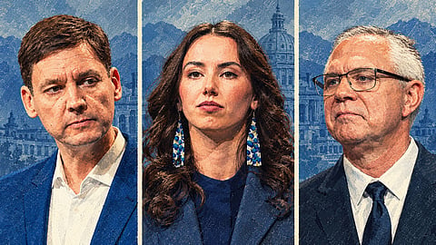 From left: NDP Leader David Eby, Green Leader Emily Lowan and interim Conservative Leader Lorne Doerkson. The three leaders met Wednesday night in Vancouver for the campaign’s only televised debate.
