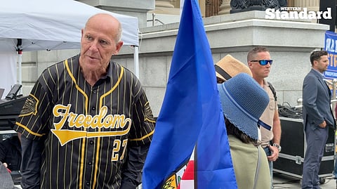 Alberta Prosperity Project CEO Mitch Sylvestre speaking with supporters at the APP's rally in Edmonton to begin their referendum campaign. 