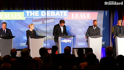 Former Alberta premier Jason Kenney (left), Elan Harper, the CPC candidate for Calgary Confederation, Derek Fildebrandt, Western Standard publisher, and Bruce Pardy, Law professor at Queen's University. 
