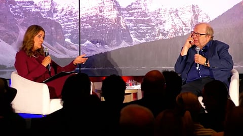 Premier Danielle Smith with Postmedia's Rick Bell in Calgary on October 16, 2026. 