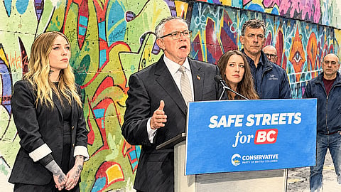 Skeena MLA Claire Rattée (left) participates in a campaign stop in Vancouver’s Downtown Eastside with BC Conservative leader Lorne Doerkson, Oct. 6, 2026. Rattée related her experience in the notorious neighbourhood as a homeless drug user at age 17. 