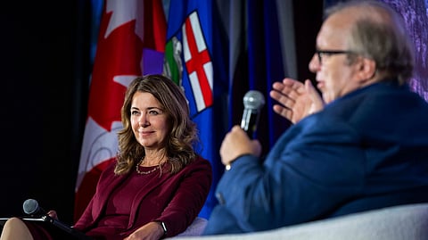 Premier Danielle Smith with Postmedia's Rick Bell on October 16, 2026. 