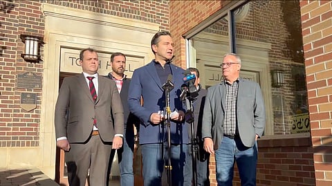 Battle River-Crowfoot MP Pierre Poilievre address the media at Wainwright town hall after a deadly incident occurred at CFB Wainwright
