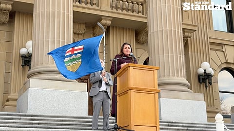 Let Alberta Decide co-leader Tanya Clemens speaking at the TPAs Alberta independence rally outside of the Alberta Legislature Building. 
