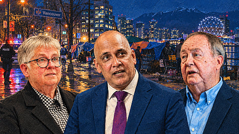 Victoria Mayor Marianne Alto, Vancouver Mayor Pete Fry and Surrey Mayor Doug McCallum (from left) are depicted in a stylized illustration.