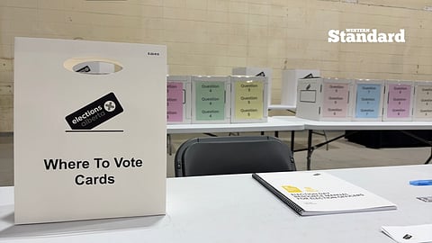 A mock setup of an Alberta referendum voting station. 