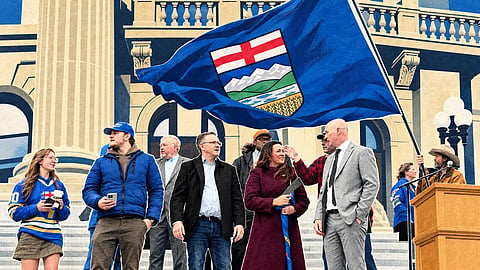Keith Wilson, Tanya Clemens, and other Alberta independence advocates gathered to speak at the Let Alberta Decide rally in Edmonton. 