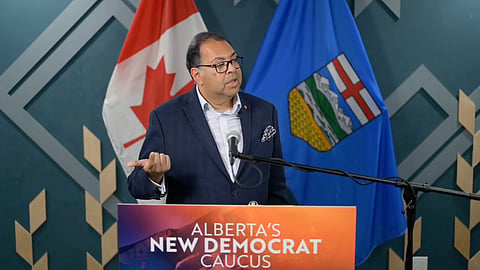 Alberta NDP leader Naheed Nenshi speaking to reporters about the results of Alberta's referendum. 