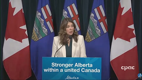 Danielle Smith speaks at a press conference on October 21 2026